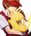  brown_hair eyes_closed hat nagi_ryou pikachu pokemon pokemon_(game) pokemon_rgby pokemon_yellow red_(pokemon) short_hair simple_background 