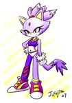  blaze_the_cat brown_eyes cat feline female gloves hair j-fujita j_fujita mammal midriff navel ponytail purple purple_body purple_hair sega shoes solo sonic_(series) tail 