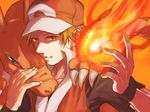  baseball_cap brown_hair charizard fire gen_1_pokemon hat ichiko365 pokemon pokemon_(creature) pokemon_(game) pokemon_frlg red_(pokemon) red_(pokemon_frlg) red_background red_eyes short_hair 