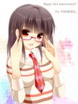  :d adjusting_eyewear argyle argyle_neckwear black_hair blush breasts fang glasses highres jewelry long_hair looking_at_viewer medium_breasts necktie open_mouth orange_eyes original red-framed_eyewear red_neckwear smile solo striped striped_sweater sweater syroh upper_body 