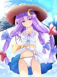  :&lt; ai_takurou alternate_costume arms_behind_back bare_shoulders bow collarbone crescent crescent_hair_ornament dress expressionless groin hair_bow hair_ornament hat long_hair looking_at_viewer panties pantyshot patchouli_knowledge purple_hair see-through side-tie_panties skirt skirt_flip solo straw_hat sundress touhou underwear upskirt very_long_hair white_panties 