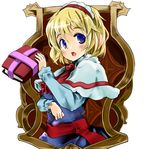  alice_margatroid ascot blonde_hair blue_dress blue_eyes blush book capelet dress grimoire grimoire_of_alice hairband open_mouth sash short_hair solo takara_akihito touhou upper_body 