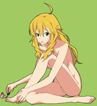  ahoge barefoot blonde_hair censored feet green_background green_eyes hands_on_feet hoshii_miki idolmaster idolmaster_(classic) long_hair nail_polish nude open_mouth painting_nails pedicure sitting solo yada_ei 