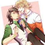  barnaby_brooks_jr blonde_hair bracelet brown_eyes brown_hair carrying chocobun drink facial_hair glasses green_eyes jacket jewelry kaburagi_t_kotetsu male_focus multiple_boys necklace necktie princess_carry red_jacket soda stubble tiger_&amp;_bunny vest waistcoat watch wristwatch 