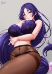  1girl arm_under_breasts artist_name bangs bare_shoulders blush bra breasts closed_mouth covered_navel fate/grand_order fate_(series) grey_background hair_between_eyes highres hips large_breasts long_hair looking_at_viewer low-tied_long_hair minamoto_no_raikou_(fate/grand_order) nail_polish navel panties panties_under_pantyhose pantyhose parted_bangs purple_bra purple_eyes purple_hair purple_nails purple_panties sakiyamama signature simple_background smile solo thighband_pantyhose thighs underwear very_long_hair 