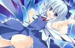  blue_dress blue_eyes blue_hair bow cirno dress francis_de_lariatte hair_bow no_panties open_mouth pointing shirt smile solo touhou upskirt wings 