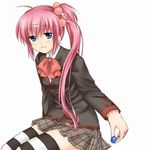  blue_eyes bow hair_bobbles hair_ornament highres little_busters! long_hair marble matsuda_hikari pink_bow plaid purple_hair saigusa_haruka school_uniform side_ponytail solo striped striped_legwear thighhighs 