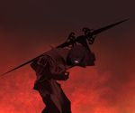  amazing fire gradient_background grin human lineage_2 looking_at_viewer male mammal not_furry red red_eyes red_theme solo standing sword tsampikos weapon 