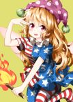  1girl :d american_flag_dress american_flag_legwear arm_up bangs blonde_hair blue_dress blue_legwear blush breasts clownpiece commentary_request dress eyebrows_visible_through_hair fairy_wings feet_out_of_frame hair_between_eyes hat highres holding holding_torch jester_cap looking_at_viewer neck_ruff no_shoes open_mouth pantyhose polka_dot polka_dot_hat purple_eyes purple_hat red_dress red_legwear ruu_(tksymkw) short_dress short_sleeves simple_background small_breasts smile solo star star_print striped striped_dress striped_legwear thighs torch touhou white_dress white_legwear wings yellow_background 