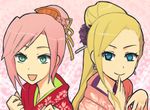  2girls :d blue_eyes earrings flower green_eyes hair_flower hair_ornament haruno_sakura jewelry long_hair multiple_girls naruto open_mouth smile yamanaka_ino yokige 