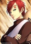  crossed_arms dated gaara gourd green_eyes kei-suwabe male_focus naruto naruto_(series) red_hair solo tattoo translated 