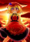  aki_minoriko arms_behind_back blonde_hair cloud dress eyebrows food food_themed_clothes fruit fun_bo grapes grin hat neck_ribbon red_eyes ribbon short_hair smile solo sunset thick_eyebrows touhou wheat wide-eyed 