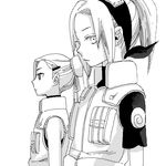  2girls flak_jacket hair_bun hair_ornament hairclip haruno_sakura hoshino_lily monochrome multiple_girls mushiba naruto ponytail vest yamanaka_ino 