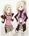  2girls blush earrings fishnets flak_jacket gloves hair_ornament hairclip hands_on_hips haruno_sakura jewelry long_hair midriff multiple_girls naruto navel ponytail tongue vest yamanaka_ino yokige 