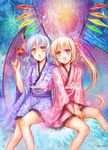 :o alternate_costume bare_legs bat_wings between_legs blonde_hair blue_hair blue_kimono candy_apple fang fireworks flandre_scarlet floral_print flower food hair_flower hair_ornament hand_between_legs hands_together highres japanese_clothes kimono long_hair multiple_girls no_hat no_headwear open_mouth own_hands_together pink_kimono pony_(artist) print_kimono red_eyes remilia_scarlet short_kimono short_yukata siblings side-by-side side_ponytail signature sisters sitting smile touhou v_arms wings yukata 