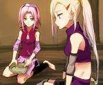  2girls blonde_hair blue_eyes earrings fishnets green_eyes hair_ornament hairclip haruno_sakura jewelry kneeling long_hair multiple_girls naruto pink_hair ponytail yamanaka_ino yokige 