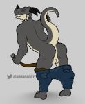  2018 anthro anus balls belt black_horn butt clothing digital_media_(artwork) digitigrade dragon grey_scales grin horn looking_at_viewer male pants perineum purple_eyes raised scales scalie smile solo standing turi_shadowscale undressing xanderg_(artist) 