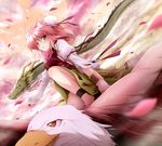  animal ayase_midori bald_eagle bandages bird blurry bracer bun_cover china_dress chinese_clothes cloud depth_of_field double_bun dragon dress eagle eastern_dragon flower ibaraki_kasen kneeling oversized_animal petals pink_eyes pink_hair rose short_hair sky solo touhou 