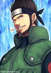  beard brown_eyes brown_hair cigarette dated facial_hair grin headband kei-suwabe male_focus naruto naruto_(series) sarutobi_asuma smile smoking solo 