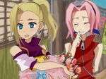  2girls blonde_hair blue_eyes earrings eyes_closed flower haruno_sakura jewelry multiple_girls naruto open_mouth pink_hair ponytail smile sweat yamanaka_ino yokige 