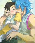  black_hair blue_hair blush book kiss komatsu_(toriko) short_hair toriko_(series) toriko_(toriko) yaoi 