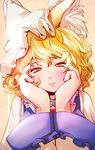  animal_ears blonde_hair blue_dress close-up dearmybrothers dress face fox_ears hands_on_own_face hat looking_at_viewer multicolored multicolored_clothes multicolored_dress red_eyes short_hair solo touhou white_dress yakumo_ran 