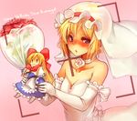  alice_margatroid bare_shoulders blonde_hair blue_dress blue_eyes blush bouquet bow bridal_veil bride choker dress elbow_gloves embarrassed flower gloves hair_bow happy_birthday looking_away nose_blush open_mouth red_flower red_rose rose sachito shanghai_doll smile solo strapless strapless_dress touhou upper_body veil viewfinder wedding_dress white_gloves 