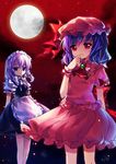  apron ascot bad_id bad_pixiv_id blue_eyes blue_hair bow braid brooch dress full_moon hair_bow hat izayoi_sakuya jewelry maid maid_headdress moon multiple_girls night no_nose pf red_eyes red_sky remilia_scarlet short_hair silver_hair skirt skirt_set sky touhou twin_braids 