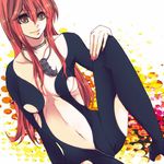  belly bodysuit breasts brown_eyes cleavage jewelry large_breasts long_hair mithra_(psyren) navel necklace psyren red_hair smile 