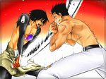  2boys black_hair hyodo_kagetora junas multiple_boys psyren scar shirtless short_hair sword weapon 