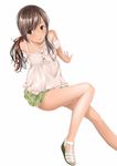  arm_support bare_legs bare_shoulders brown_eyes brown_hair camisole hitori_(htr_t) jewelry legs long_hair looking_at_viewer necklace original simple_background sitting skirt smile solo 