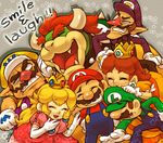  4boys :d ^_^ bad_id bad_pixiv_id blonde_hair blush bow bowser brothers brown_hair buttons closed_eyes clothes_writing collar constricted_pupils crown dress earrings elbow_gloves english everyone eyebrows facial_hair fangs gem gloves grey_background grin hand_on_another's_cheek hand_on_another's_face hand_on_another's_head hand_on_another's_shoulder hands_on_hips hat horns jewelry laughing long_hair long_nose looking_at_another luigi mario mario_(series) multiple_boys multiple_girls mustache naco24 open_mouth outstretched_arm overalls pink_dress plump pointy_ears princess_daisy princess_peach puffy_short_sleeves puffy_sleeves raised_eyebrow red_hair red_nose shadow shell short_hair short_sleeves siblings sideburns smile spikes standing star studded_collar super_mario_bros. sweatdrop thick_eyebrows uneven_eyes very_long_hair waluigi wario white_gloves 