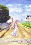  absurdres ano_hi_mita_hana_no_namae_wo_bokutachi_wa_mada_shiranai. bad_id bad_yandere_id barefoot blue_eyes day dress goto_p highres honma_meiko long_hair outdoors profile railroad_tracks silver_hair sleeveless sleeveless_dress solo walking 