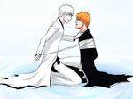  2boys bdsm black_sclera bleach bondage bound dual_persona kurosaki_ichigo mizashi multiple_boys orange_hair pale_skin shirosaki_hichigo short_hair sitting tied_up white_hair yaoi 