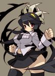  bad_id bad_pixiv_id black_hair black_legwear blush breasts clenched_hands extra_mouth fighting_stance filia_(skullgirls) glowing glowing_eyes hips impossible_clothes impossible_shirt large_breasts long_hair miniskirt nama_(tadpole) navel necktie prehensile_hair red_eyes samson_(skullgirls) shirt simple_background skindentation skirt skullgirls solo teeth thick_thighs thighhighs thighs very_long_hair wide_hips yellow_eyes 