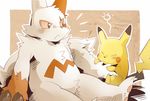  eyes_closed fur grey_eyes grey_markings markings nintendo pikachu pok&#233;mon pok&eacute;mon red_markings sitting size_difference video_games white_fur will yellow_fur zangoose 