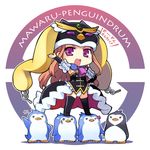  animal_hat bird black_legwear boots brown_hair chibi copyright_name esmeralda_(mawaru_penguindrum) hat long_hair mawaru_penguindrum open_mouth penguin penguin_1-gou penguin_2-gou penguin_3-gou princess_of_the_crystal purple_eyes takakura_himari thigh_boots thighhighs yamai 