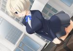  1girl blonde_hair blue_eyes blush breasts briefcase dai4101 female hair_over_one_eye huge_breasts impossible_clothes impossible_shirt large_breasts open_mouth original school_uniform shirt short_hair skirt solo 