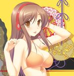 47agdragon :p beats_by_dr._dre bikini blush breasts brown_hair cleavage front-tie_top headphones highres large_breasts long_hair orange_bikini orange_eyes original shiny shiny_skin solo strap_gap swimsuit tongue tongue_out upper_body 