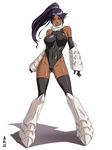  ass_visible_through_thighs black_legwear black_leotard bleach breasts covered_nipples dark_skin elbow_gloves full_body gauntlets gloves high_ponytail kagami_hirotaka large_breasts leotard looking_at_viewer ponytail shihouin_yoruichi shiny shiny_skin simple_background skin_tight solo standing thighhighs white_background white_footwear 