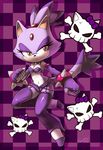  amber_eyes blaze_the_cat blush bow bracelet cat clothing collar cool_colors feline female fingerless_gloves garter_straps garters gloves hair half-closed_eyes jewelry legwear mammal midriff nancher navel pattern_background ponytail punk purple purple_body purple_clothing purple_hair purple_theme sega shorts skull skull_and_crossbones solo sonic_(series) spiked_bracelet spiked_collar stockings tail thigh_highs 