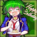  ^_^ cake closed_eyes eating fang food green_hair happy_birthday minami_(apricot_tea) necktie open_mouth police police_uniform short_hair sleeves_rolled_up solo tantei_opera_milky_holmes uniform zenigata_tsugiko 