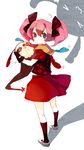  bad_id bad_pixiv_id blue_eyes blush_stickers catsizuru charlotte_(madoka_magica) dress hair_ribbon highres hood hoodie looking_back mahou_shoujo_madoka_magica personification pink_hair ribbon shadow short_twintails solo squirming twintails 