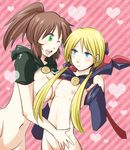  2girls blonde_hair blue_eyes blush bottomless breasts brown_hair cleavage green_eyes multiple_girls nipples psyren tenjuin_frederica tenjuin_marie twintails 