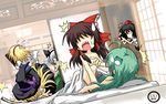  6+girls alice_margatroid blonde_hair camera caught falling futon hakurei_reimu hat kirisame_marisa kochiya_sanae konpaku_youmu lili2th multiple_girls naked_sheet nude o_o paparazzi peeking_out peeping shameimaru_aya sharp_teeth star surprised sweatdrop teeth touhou voyeurism walk-in watermark witch_hat yuri 