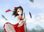  black_feathers bow broom brown_eyes brown_hair cloud day detached_sleeves feathers hair_bow hakurei_reimu highres hole large_bow one_eye_closed petticoat phenne sky solo touhou wince wind 