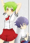  1girl bad_id bad_pixiv_id baka_to_test_to_shoukanjuu blood blush couple green_hair grin hetero kudou_aiko mame_futoshi nosebleed school_uniform short_hair smile tsuchiya_kouta 