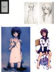  abe_yoshitoshi absurdres artbook bare_shoulders barefoot chair cutting cutting_hair dress hair_in_mouth highres iwakura_lain kneeling official_art one_eye_closed partially_colored scan school_uniform scissors serafuku serial_experiments_lain severed_hair short_hair shorts sitting sketch skirt traditional_media 