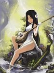  bad_id bad_pixiv_id bare_shoulders barefoot bird black_hair branch china_dress chinese_clothes closed_eyes dress elbow_gloves flower gloves gua hair_flower hair_ornament hair_over_one_eye instrument leaf leg_up legs long_hair lute_(instrument) nature no_panties original rock side_slit signature sitting sleeveless smile soaking_feet solo sunlight turtleneck water white_dress white_gloves 