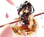  animal_print arm_guards breasts brown_hair kazakami_yuu long_hair medium_breasts petals pixiv_fantasia pixiv_fantasia_4 ponytail red_eyes rod sideboob solo tiger_print 